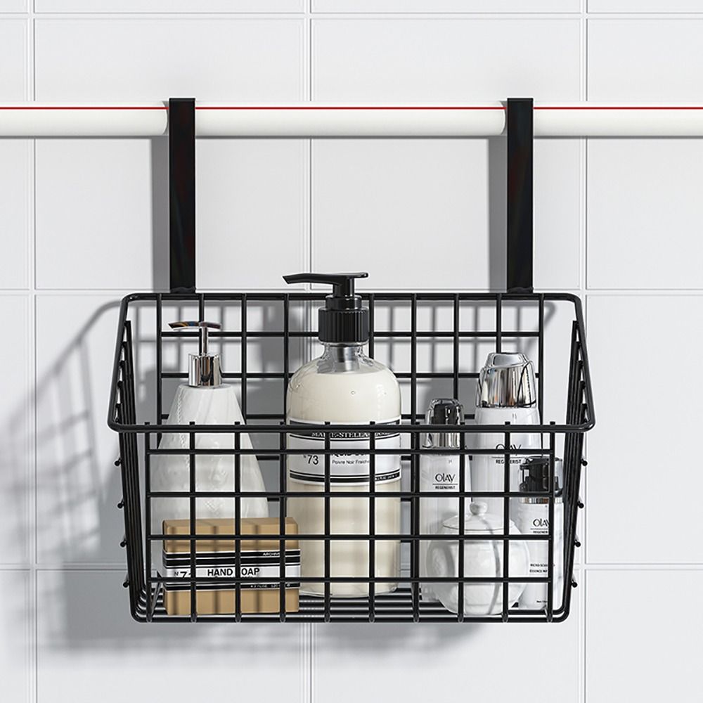 1Pcs Durable Hanging Iron Storage Basket Black White Grid Kitchen Storage Rack with Hooks Bathroom Cabinet Rack Seasoning Bottle