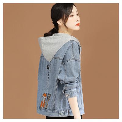 Chaqueta vaquera con capucha bordada de dibujos animados para mujer primavera y otoño nueva chaqueta de béisbol de manga larga informal y versátil