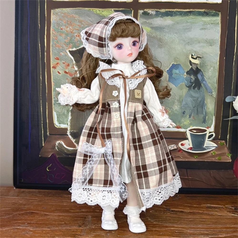Vintage Brown Corduroy Plaid Skirt 6 Points BJD Doll Cottagecore Style Clothes Set 30cm Dolls Outfit Change Dress Up Accessories