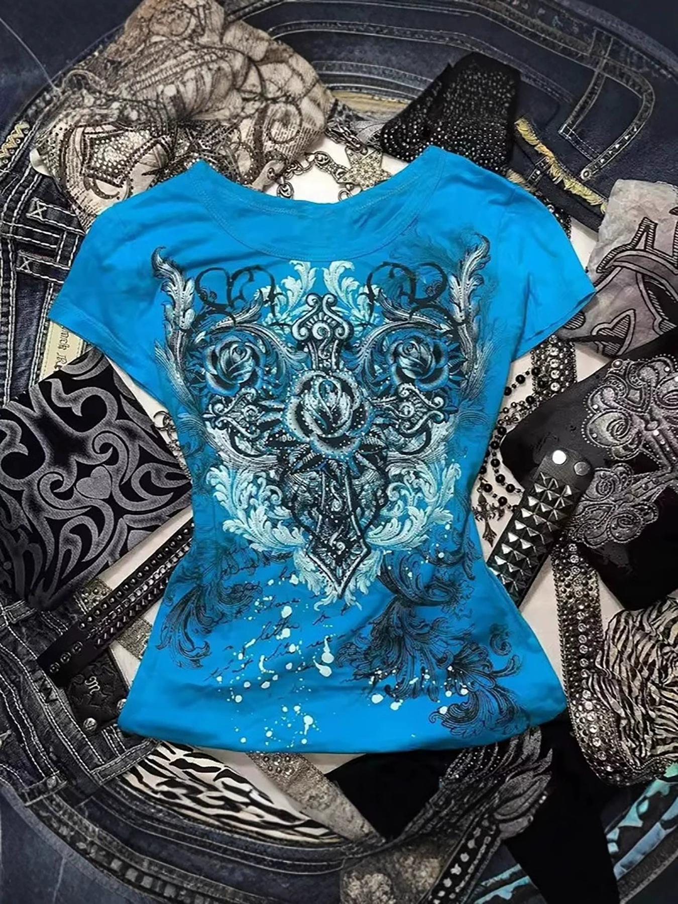 Neues personalisiertes Y2K Slim Fit Kurzarm-T-Shirt mit Aufdruck für heiße Mädchen, Modische Retro-Damenkleidung 6XL blau