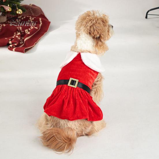 Easy to Wear Dog Apparel Christmas Velvet Dress, Red Festive Dress with Fleece Collar, Cute Sleeveless Puppy Clothes for Cold Weather Cozy Holiday