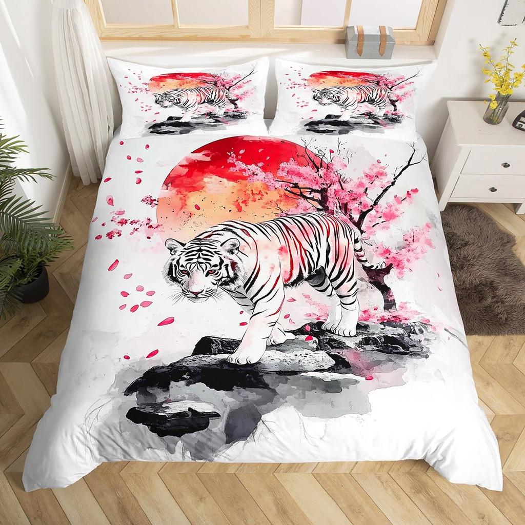 White Tiger Duvet Cover Set Queen Size Wildlife Comforter Covers Animal Print Bedding Set For Boys Girls Kids Art Bedroom Decor