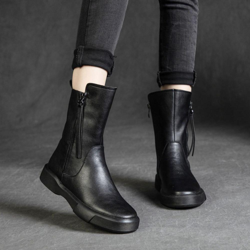 Boots for Women Genuine Leather Flat Boots Women's Autumn and Winter 2025 New Retro Medium Tube Casual Knight Boots Woman
