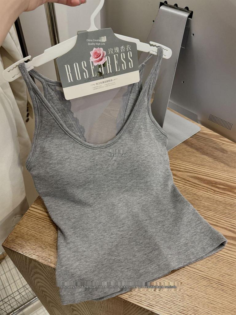 Sexy Ribbed Lace Tank Top with Padded Cups and Spaghetti Straps