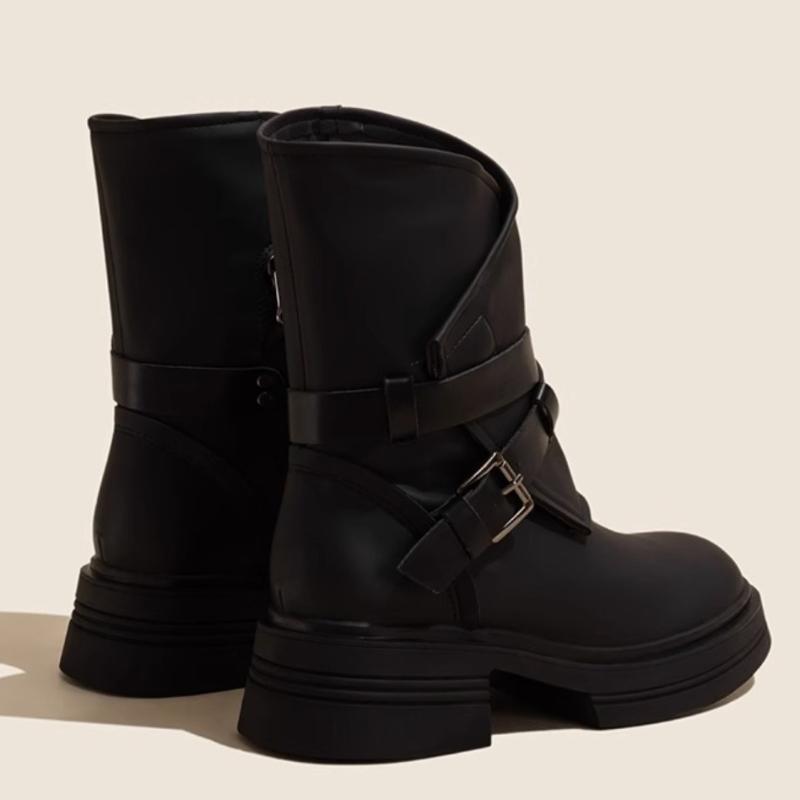 New Autumn and Winter Warm Leather Side Zipper Thick Sole Boots High Street Style Women Vintage Fashion Short Boots