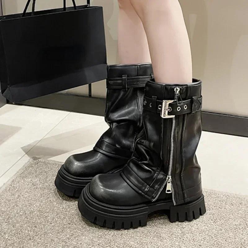 Fashion Women's Shoes 2025 Fashion Square Toe Women's Boots Side Zipper Winter Solid Middle Tube Platform Chunky Heels Boots