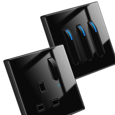 Luxuriöser LED-Kontrolllichtschalter, schwarzes gehärtetes Glas, Klaviertaste, selbstrückstellender Wandschalter, UK FR EU, universelle USB-Steckdose
