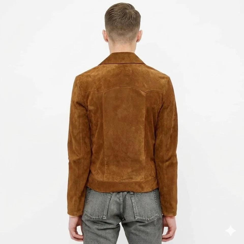 Giacca Tan Marrone Scamosciata Morbida Pelle di Agnello Vestibilità Giacca Moto Uomo Stile Biker