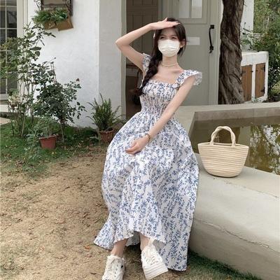 New Fashionable Summer Women's Ins Small Fresh Waist and Thin Blue Floral Small Flying Sleeve Suspender Dress