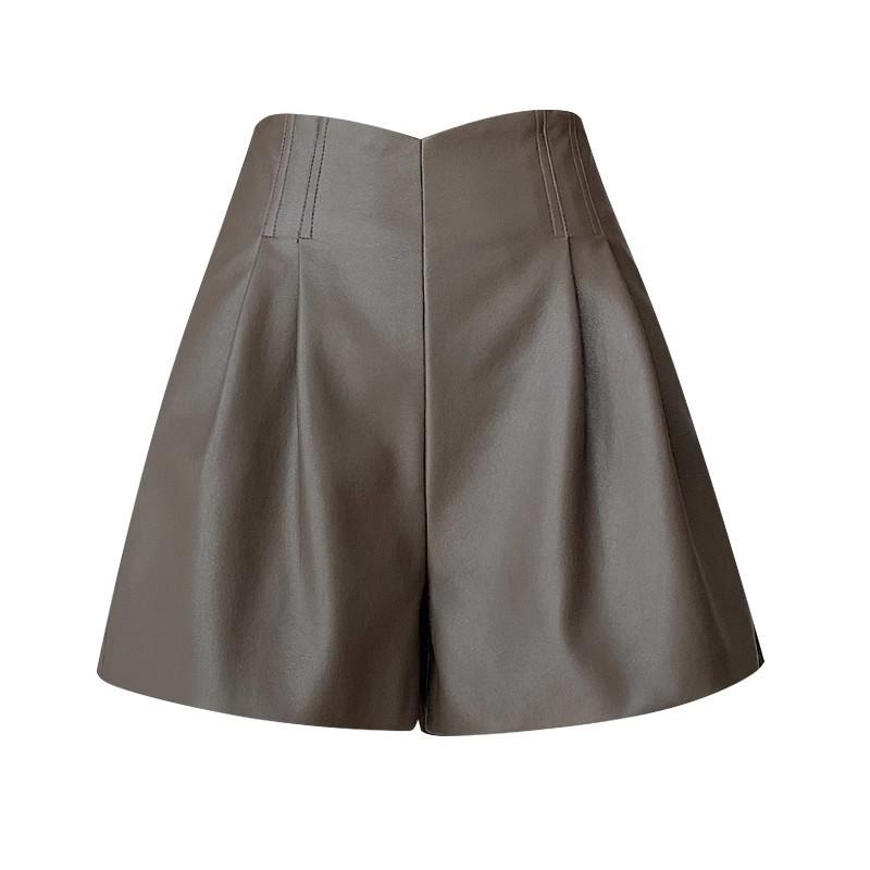 Women's High-Waist Khaki A-Line PU Leather Shorts, Autumn/Winter 2024, Wide-Leg Bootcut Casual Wear