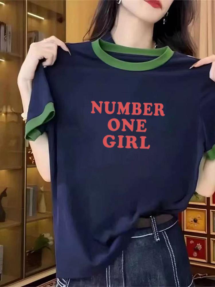 American Front Shoulder Simple Red Letter Printing Splicing Contrasting Color Short-sleeved T-shirt Women's Summer Versatile Bottoming Top