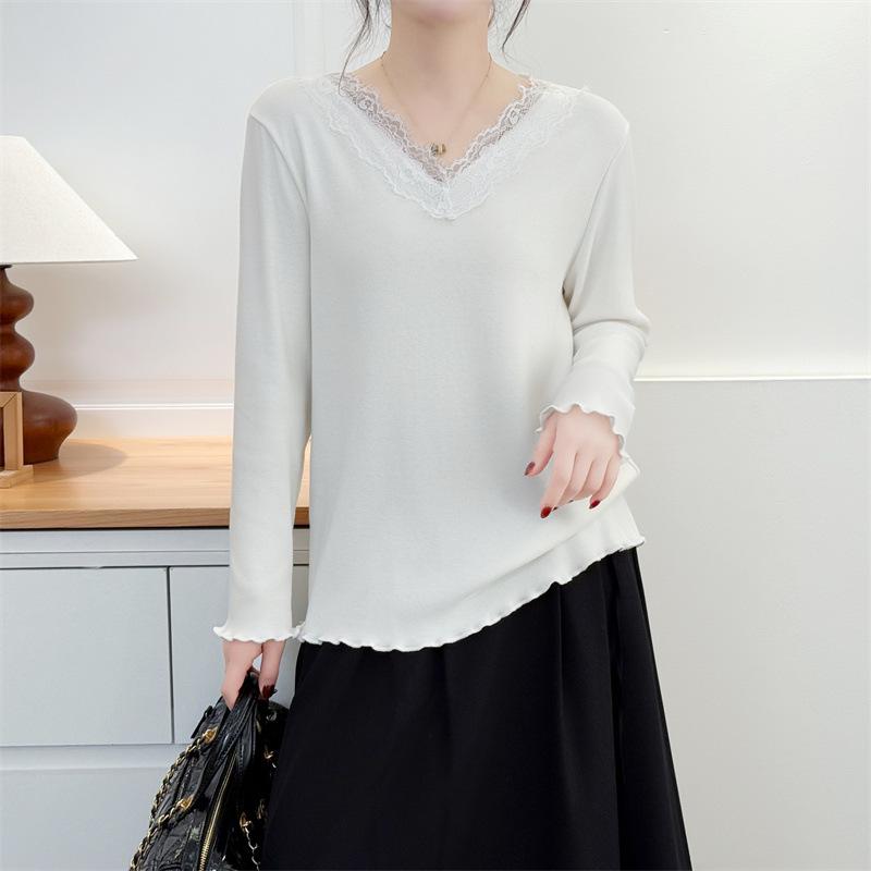 

Autumn/Winter 2025 Plus Size Lace Patchwork V-Neck Long Sleeve Base Layer for Women and Girls, Versatile Fleece Inner Wear XL білий