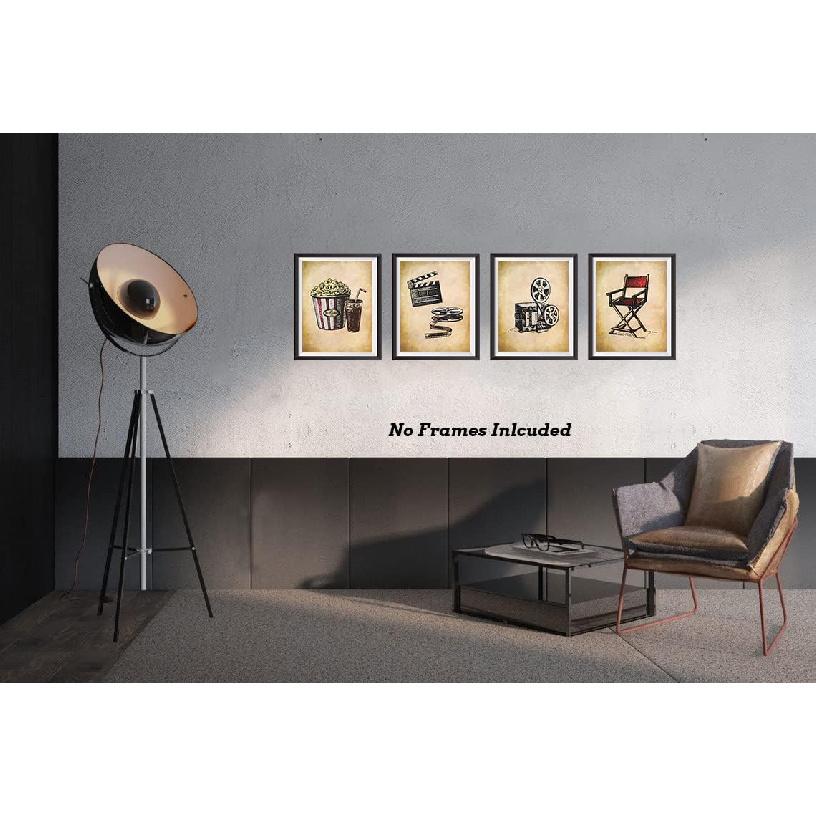 Vintage Movie Theater Wall Art, Home Theatre Feature Canvas Decor, Classic Film Reel Cinema Popcorn Posters, Retro Home Movie Theater Media Room Bar