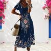 Women Plus Size V Neck Short Sleeve Floral Printed Navy Blue Long Straight Dress