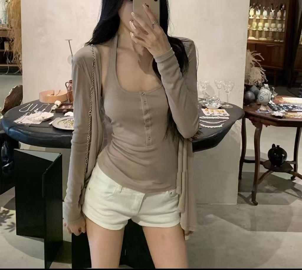 Xi Khaki Summer Knitted Set: Irregular Cardigan & Slim Fit Tank