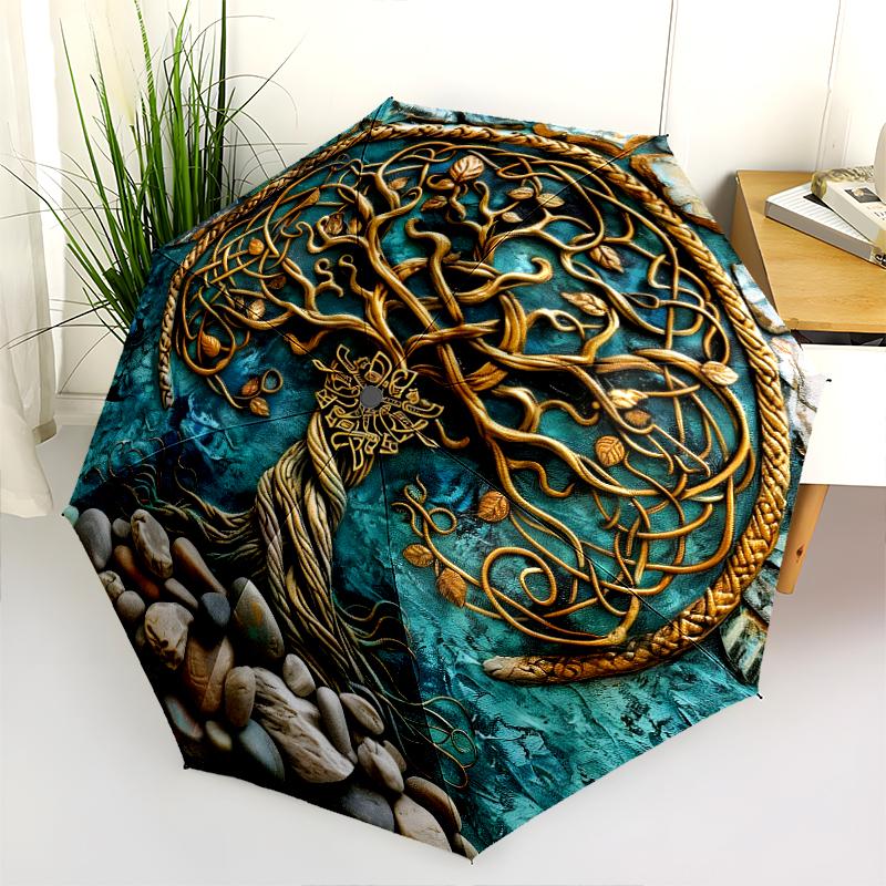 1PC Celtic Tree of Life Umbrella Portable Folding Umbrella Iron Frame Hole Bone Structure Outdoor Home Umbrella A15