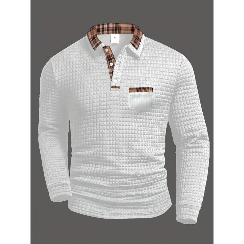 Men's Spring Autumn Solid Color Plaid Pocket Lapel Long Sleeve Sports Polo Shirt