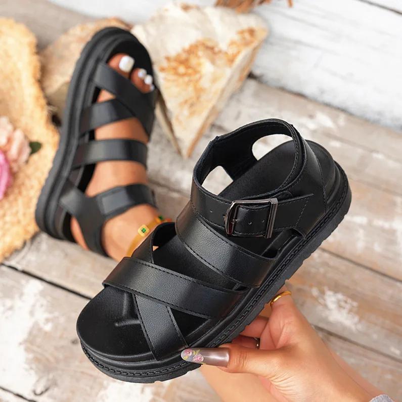 Summer 2025 Women's Large Size Comfortable Thick Heel Fish Mouth Sandals Fashionable Slip-On PU Leather Ladies Slippers