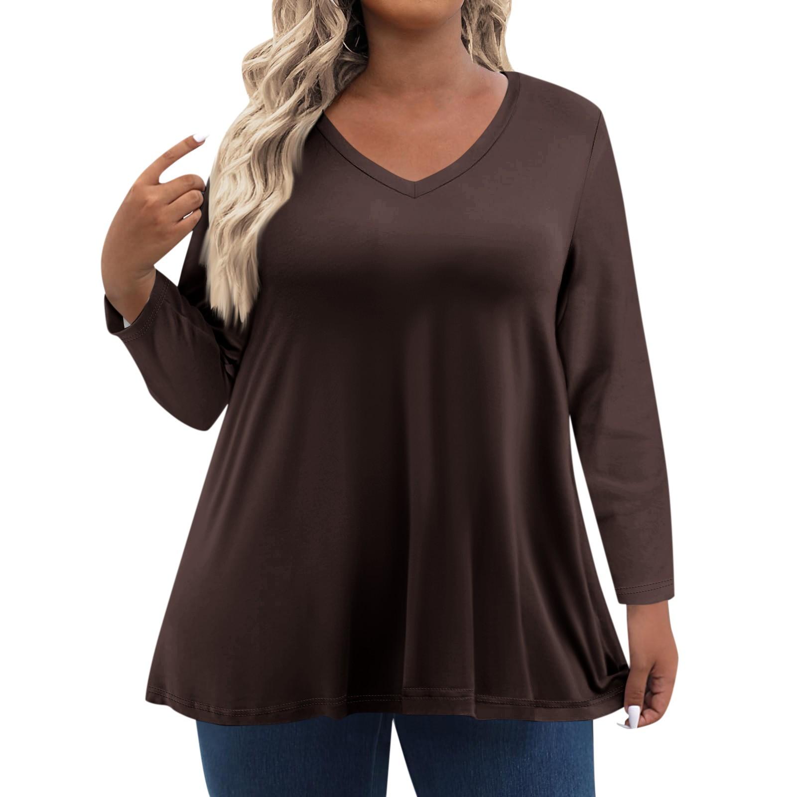 

Womens Plus Size Tops Long Sleeve Shirts V Neck Casual Clothing Clothes Color Tops XXL коричневый