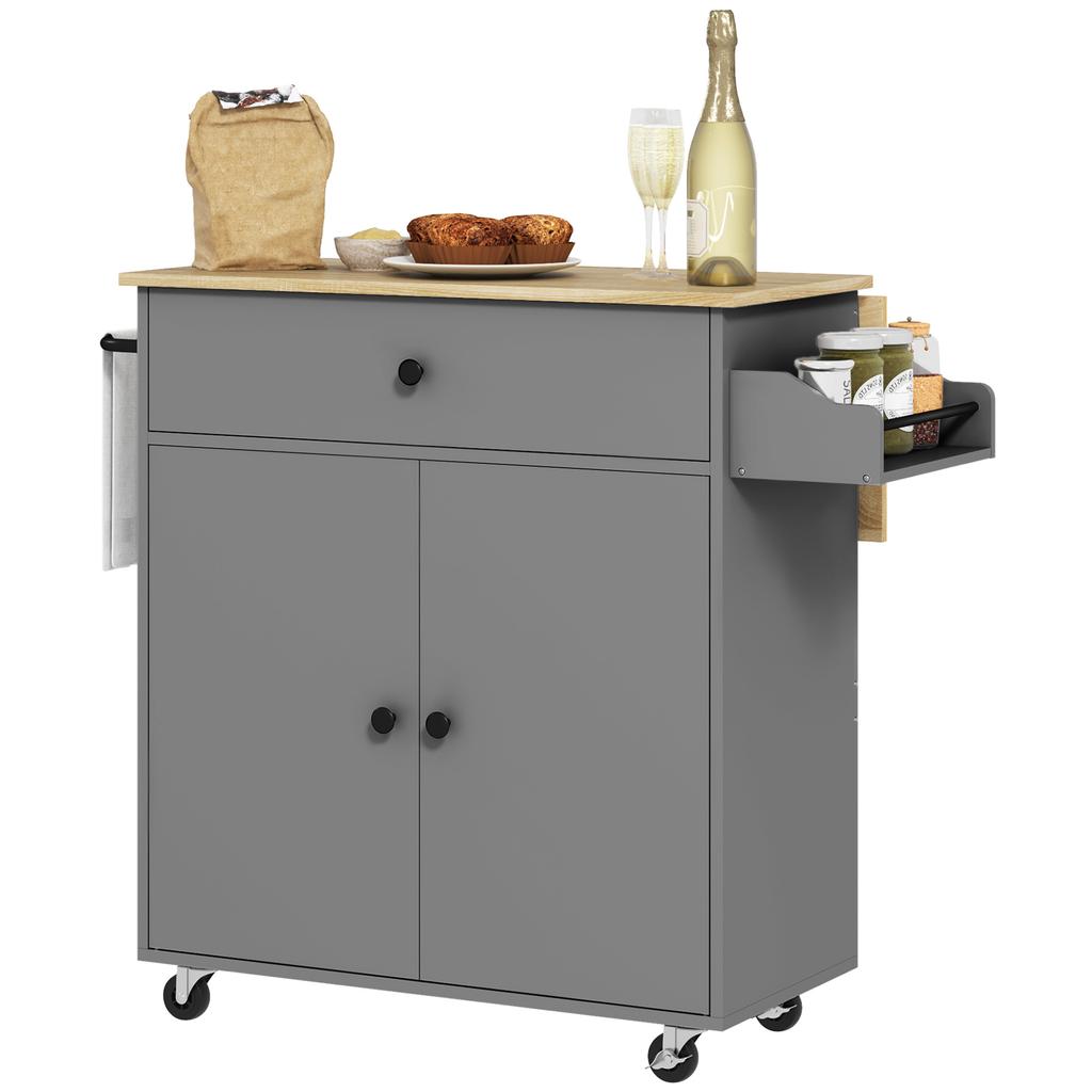Kitchen Cart with Drawer, Cabinet Compartment, Towel Bar, 106 x 42 x 87 cm, Grey/Oak