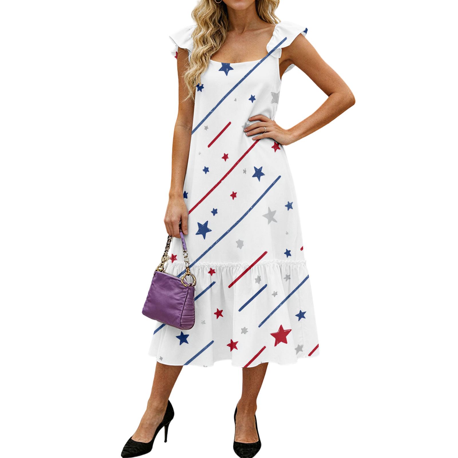 

Women s Fashion Loose Mid-length Ruffled Flying Sleeve Independence Day Printed Dress L бежевый