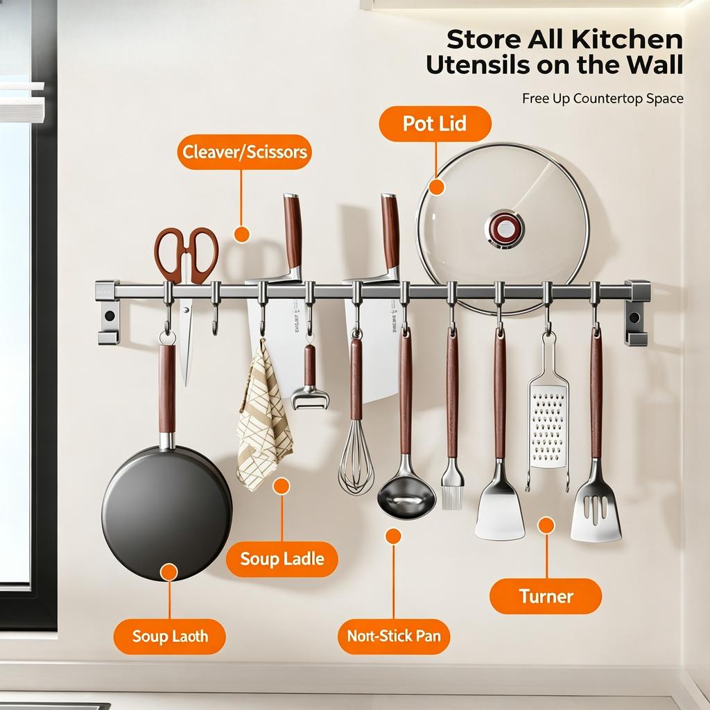 Stainless Steel Kitchen Hook Rack No Drill Wall Mount Storage Rail for Pot Lid Knife Spatula & Spoon Multi-functional Kitchen Organizer