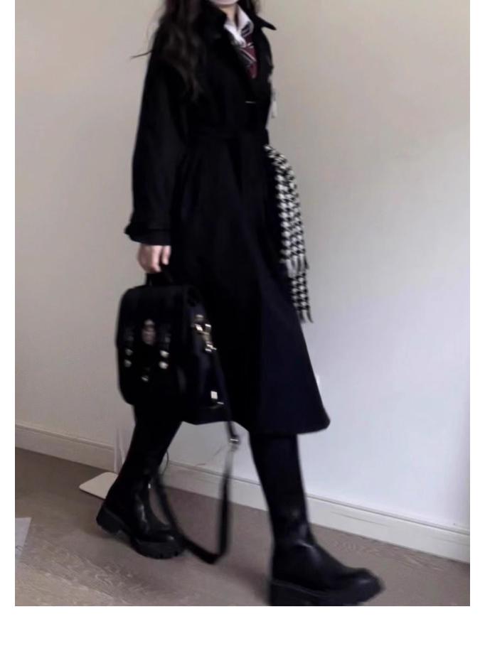 Women's Black Mid-Length Trench Coat - 2023 Spring/Autumn, School Uniform JK Korean Style, Petite Fit.