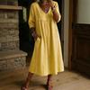 Europe, America, Casual Loose V-neck Splicing Lace Edge Linen Cotton Dress
