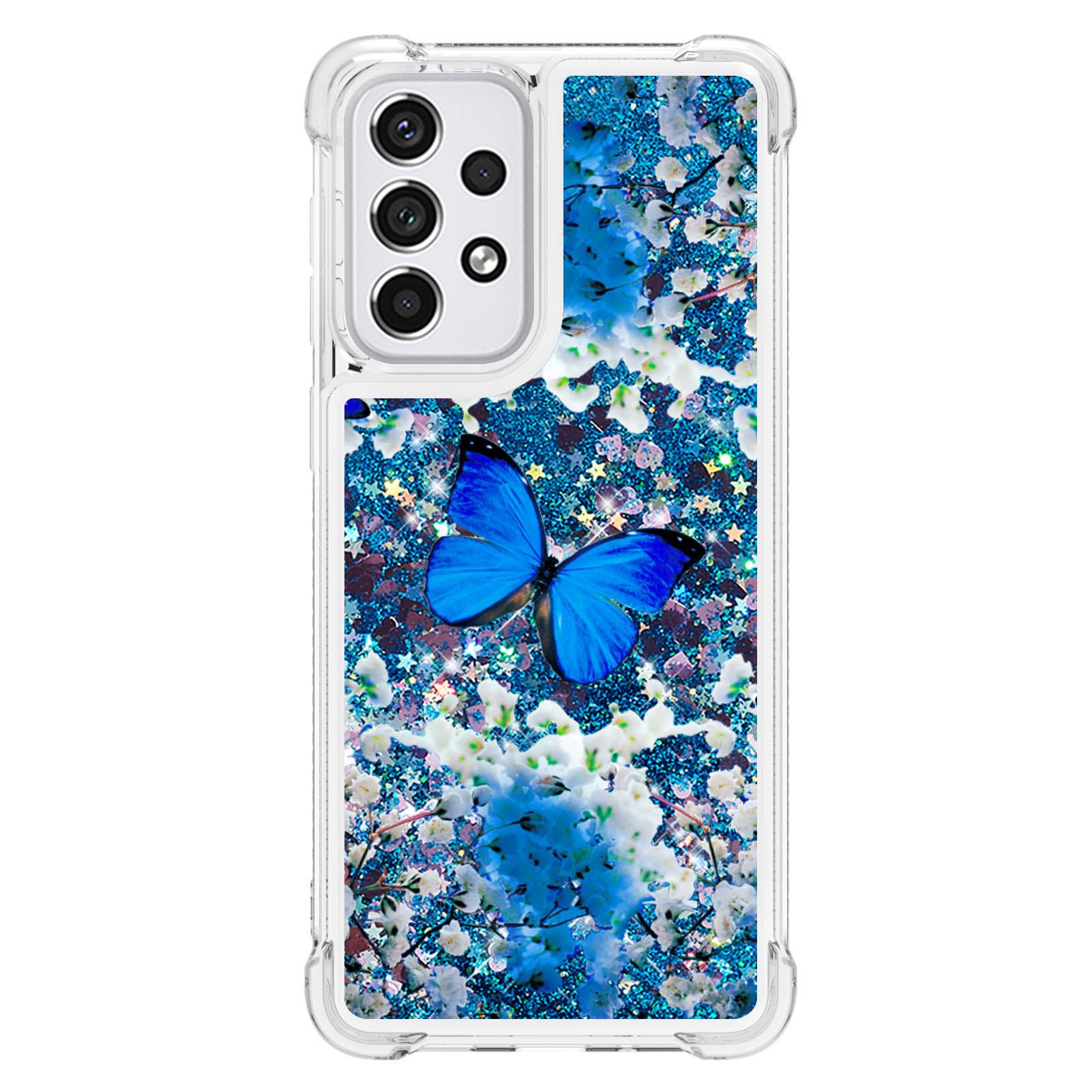 

LE2 Series Moving Shiny Quicksand Glitter Soft TPU Pattern Printing Phone Case for Samsung Galaxy A33 5G Blue Butterfly