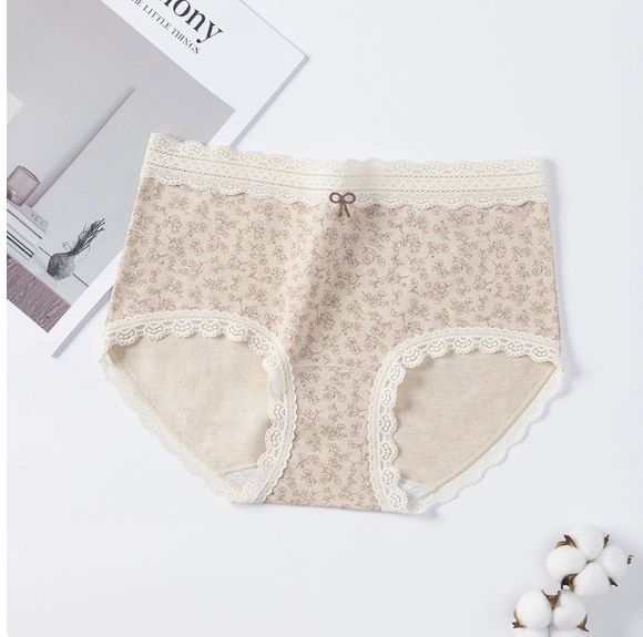 Ladies Spring and Autumn Floral Pure Cotton 10A Bacteriostatic Extended Crotch Mid Waist Triangle Briefs