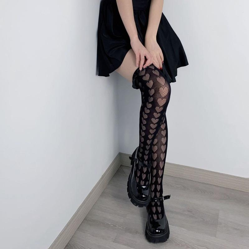 Kave Lolita Fishnet Thigh High Socks Women Kawaii Japanese Style Ruffled Heart Striped Lace Patterned Over Knee Long Stockings
