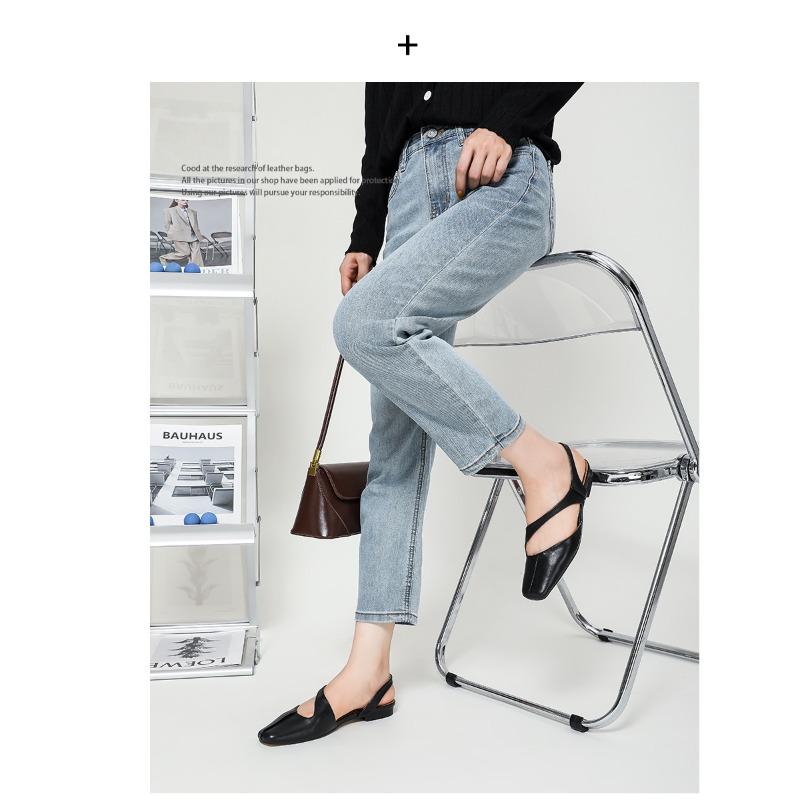 Sheepskin version~ Square head one-word with bag head sandals women's summer empty trip belt women's shoes flat-soled single shoes