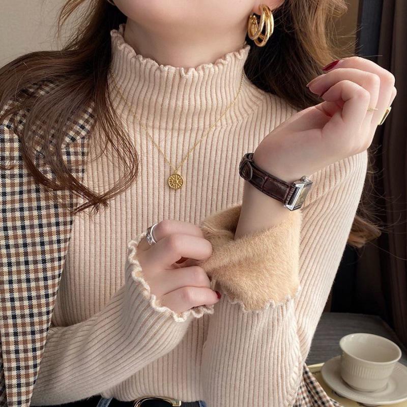 Women's Fleece-Lined Half-High Collar Base Layer Sweater - Winter Knitwear