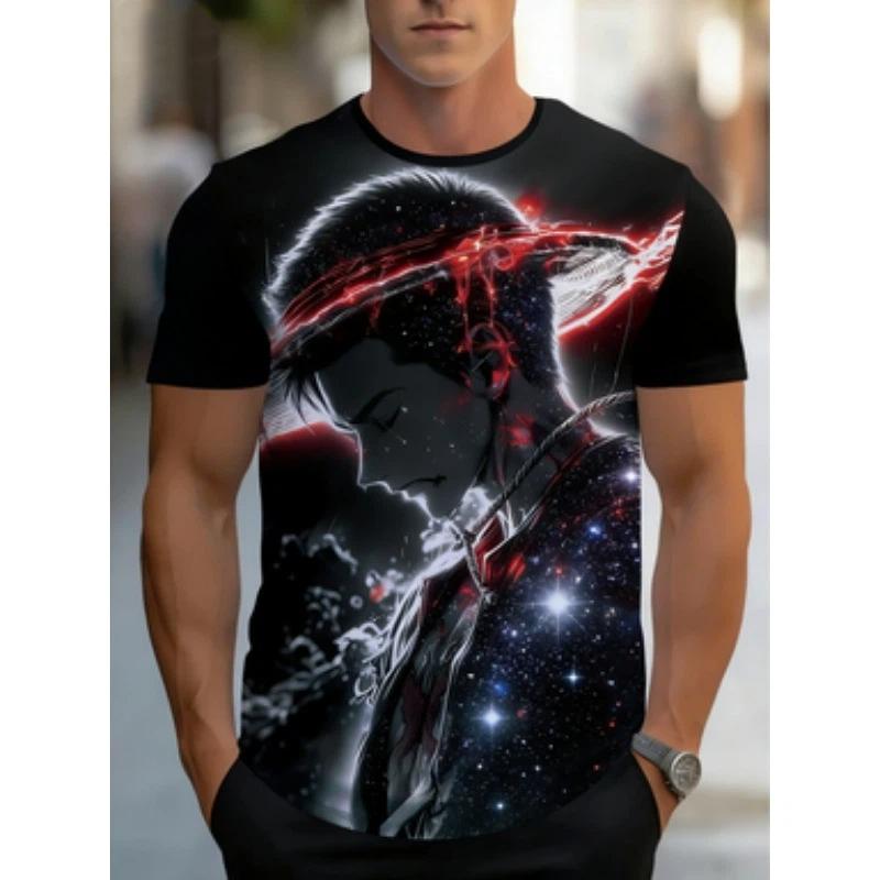 Herren-T-Shirt mit Aufdruck - leicht und atmungsaktiv, rot-weißes Anime-Comic-Kunstmuster, Rundhalsausschnitt, kurzärmlig, Sommer-Top