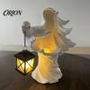 Seasonal Holiday Garden Ornaments Halloween Ghost Messenger Resin Figurine, Witch Statue with Lantern, Waterproof Indoor Outdoor Decorative