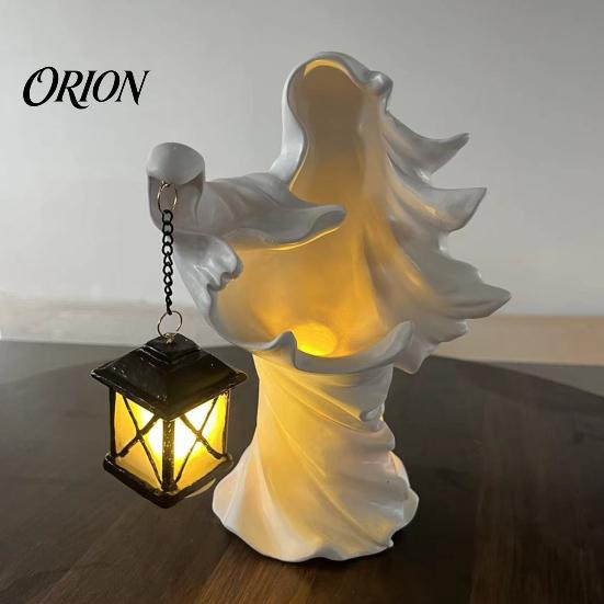 Seasonal Holiday Garden Ornaments Halloween Ghost Messenger Resin Figurine, Witch Statue with Lantern, Waterproof Indoor Outdoor Decorative