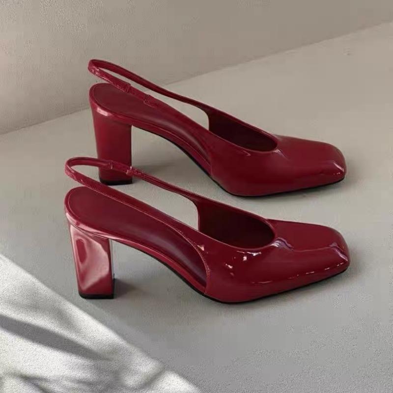 

Мода 2025 Неглубокие Слипоны Сандалии Женские Квадратный Носок Высокий Каблук Задний Ремешок Женские Туфли Металлическая Отделка Zapatos Mujer 35 красный