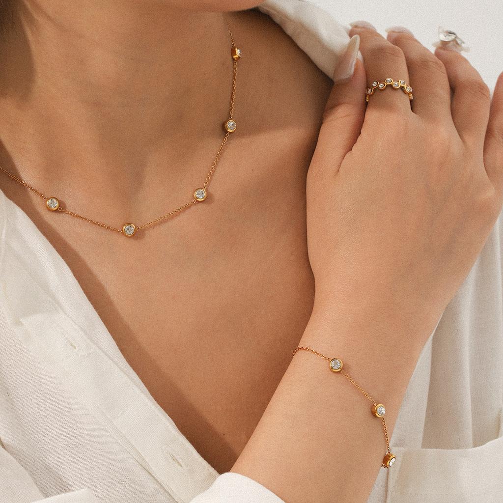 18K Gold Plated Stainless Steel Inlaid Zircon Necklace, High-end Bracelet, Ring, Light Luxury Titanium Steel Jewelry