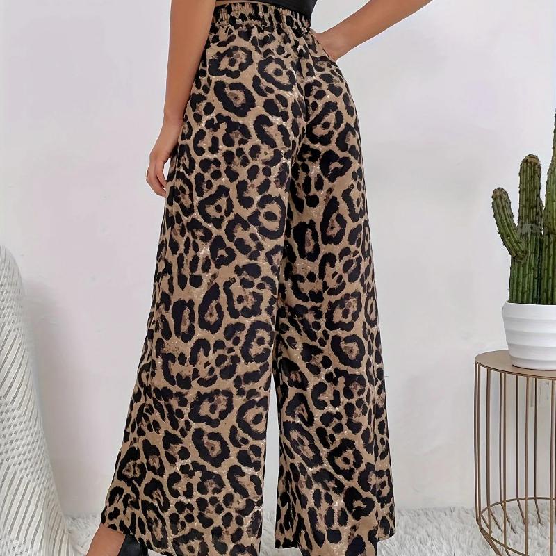 Summer Temperament Leopard Print Casual Pants with Women's Print Elastic Waistband Sagging Feelin Wide Leg Pants
