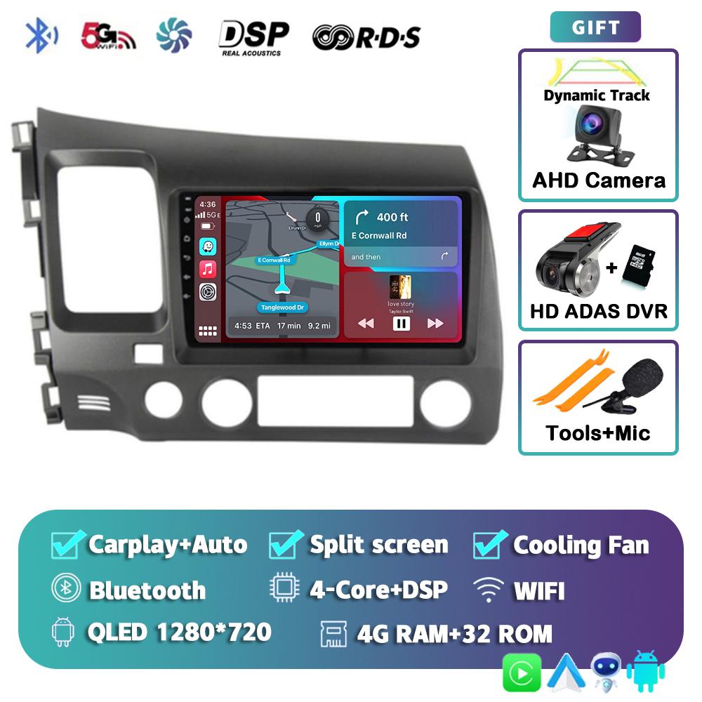 Android 14 Carplay WIFI+4G Car Radio For Honda Civic 8 2005-2012 Multimedia Video Player Navigation GPS Audio Stereo 2 Din DVD