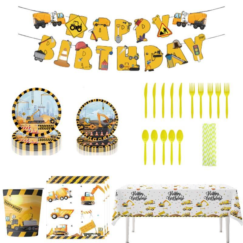 Disposable Paper Plates Cups Napkins And Tablecloth Set Excavator Themed Birthday Party Supplies
