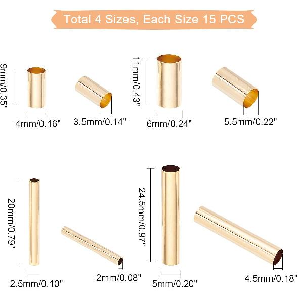 PH PandaHall 60pcs Brass Tube Beads 4 Sizes 9~24.5mm Long Tube Spacer Beads 24K Gold Plated Macrame Beads for DIY Sewing Craft Wall Hanging Plant