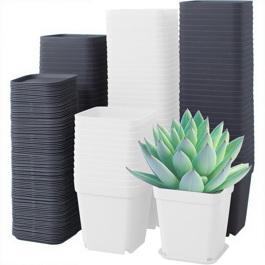 6pcs 7cm Black/White Plastic Square Plant Pots with Drainage Trays Ideal for Succulents Office Desktop Gardening Balcony Decor