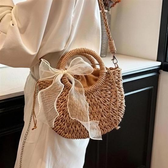 Straw Woven Handbag Boho Small Crossbody Purse with Detachable Strap Round Top Handles Summer