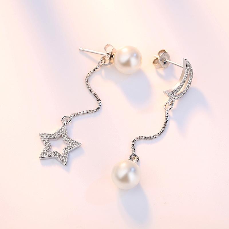 Star Bright Earrings Fashion Korean Version Jewelry Pearl Star Moon Earrings Slightly Inlaid Zircon Sweet Lady Earrings