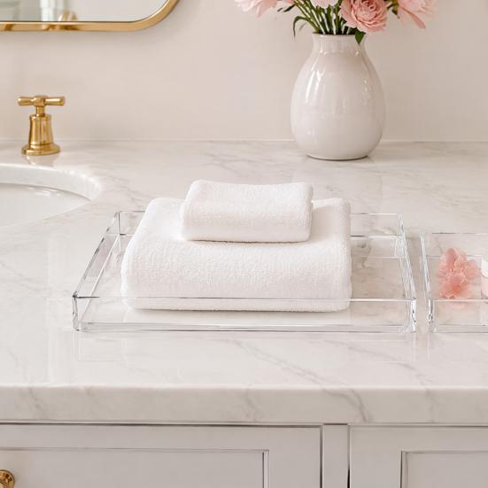 Clear Acrylic Toiletry Holder Decorative Tray, Modern Rectangular Vanity Space Small Tray for Toothbrush Saving Jewelry And Perfume Organizer Bathroom