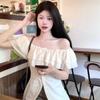 Women's Off Shoulder Short Sleeve Slim Fit Ruffle Blouse Sweet Cropped Shirt Top