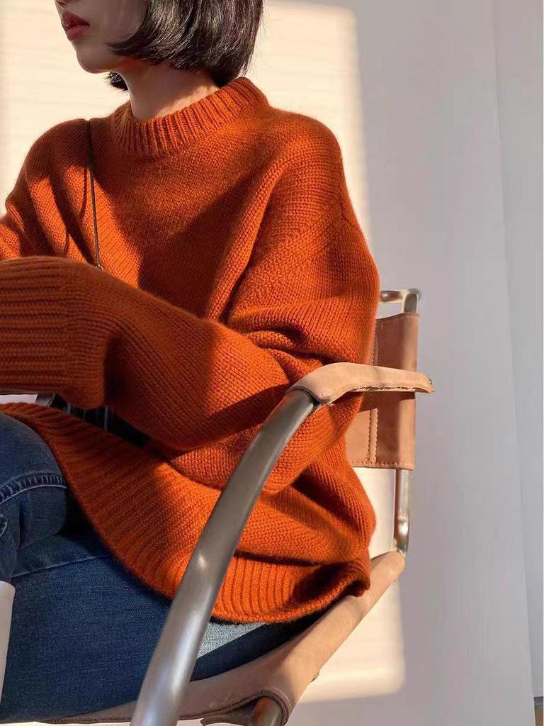 Women's Pure Wool Round Neck Sweater - Thickened, Versatile, Loose Fit for Autumn & Winter