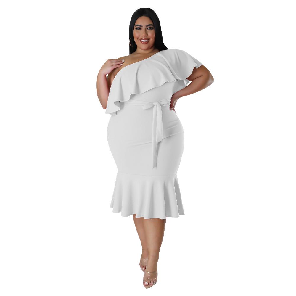 2023 Plus Size Women's European & American Fashion Slim Fit Ruffle Strapless Midi Dress