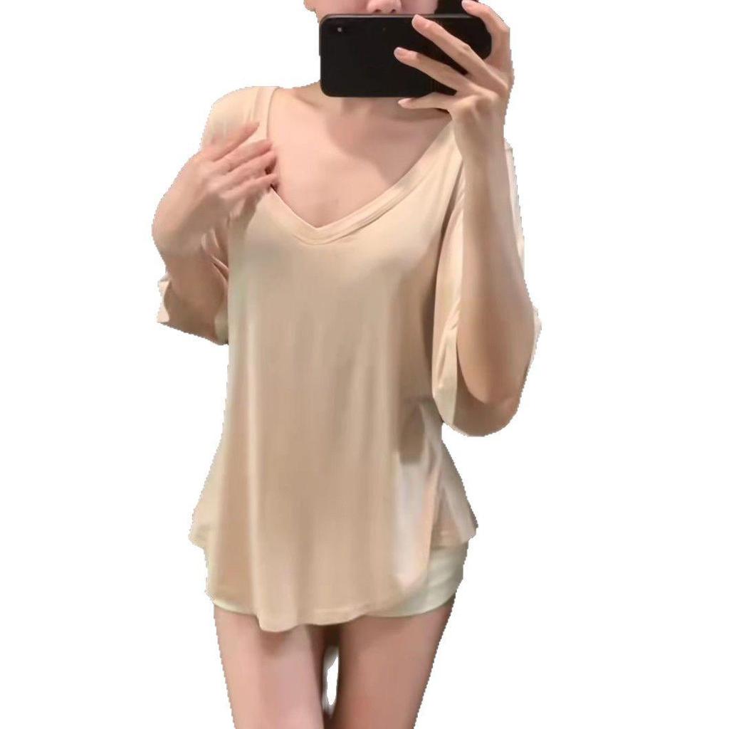Women's Modal V-Neck Loose Casual Top - Solid Color, Half Short Sleeve, Hip-Length, Summer Fit